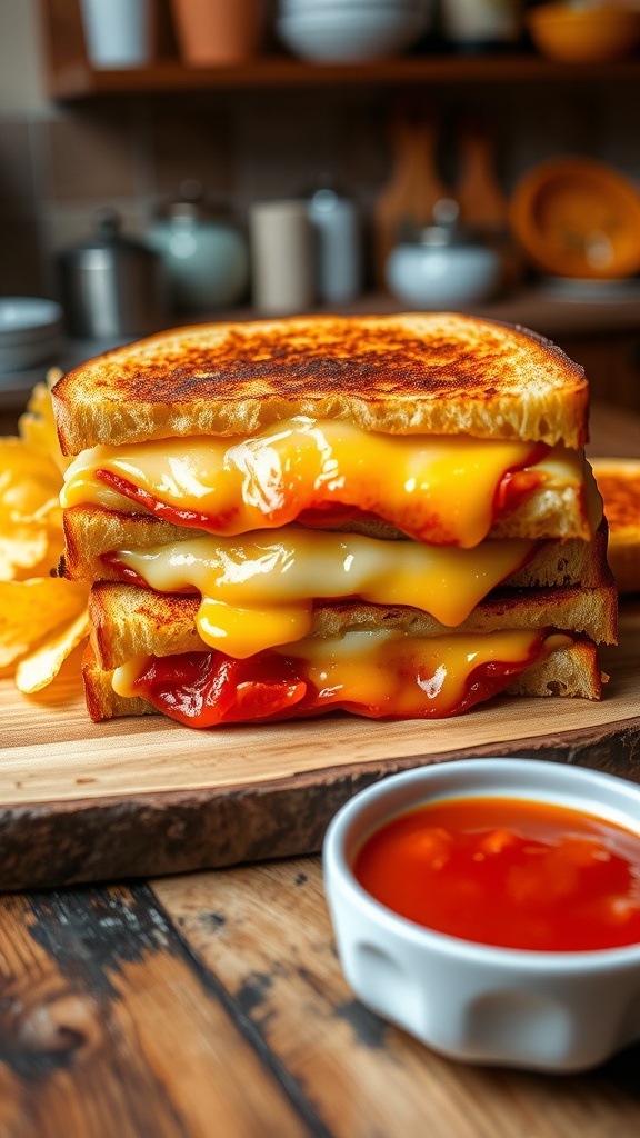 A grilled four cheese sandwich with melted cheese and chips on a wooden board.